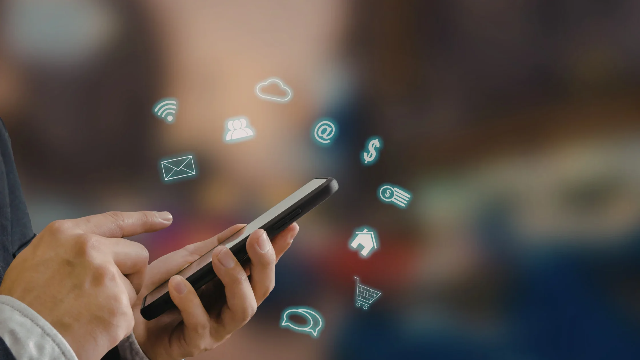 Hands using a smartphone surrounded by glowing icons for Wi-Fi, email, cloud storage, contacts, payments, and online shopping